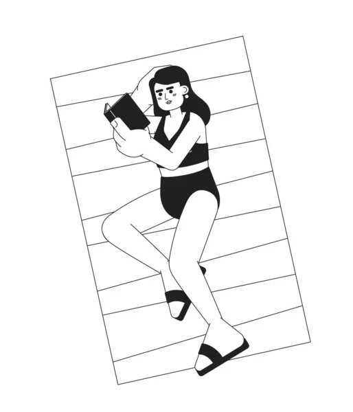 水着の女性はビーチ単色のフラットベクトルキャラクターに本で横たわっ リーン ストランド 夏の読み 編集可能な行のフルボディの人白 ウェブグラフィックデザインのためのシンプルなBw漫画のスポット画像 — ストックベクタ