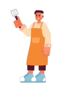 Yetişkin adam çelik spatula yarı düz renkli vektör karakteriyle ayakta duruyor. Beyaz giysili, düzenlenebilir bir erkek. Web grafik tasarımı için basit karikatür nokta çizimi