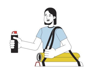 Atletik kız su şişesi düz çizgi renk vektör karakterini tutuyor. Kurgulanabilir, yarı vücut hatlı, çantalı ve yoga minderli beyaz kadın. Web grafik tasarımı için etkinlik basit karikatür nokta çizimi