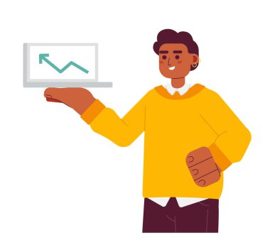 Neşeli başarılı adam yarı düz renkli vektör karakteri. Düzenlenebilir yarı vücut yatırımcısı dizüstü bilgisayarda kar oku gösteriyor. Web grafik tasarımı için basit karikatür nokta çizimi