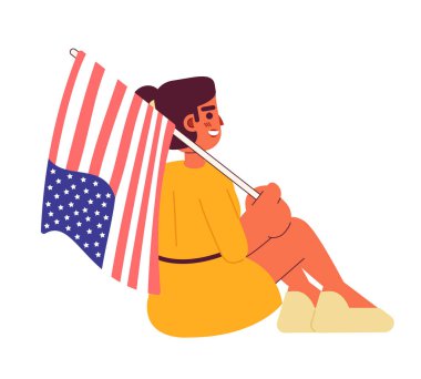 Amerikan bayrağıyla karışık ırk kızı yarı düz renkli vektör karakteriyle oturuyor. Ulusal vatanseverlik bayrağı. Beyazın üzerinde tüm vücudu düzenleyebilen insan. Web grafik tasarımı için basit karikatür nokta çizimi
