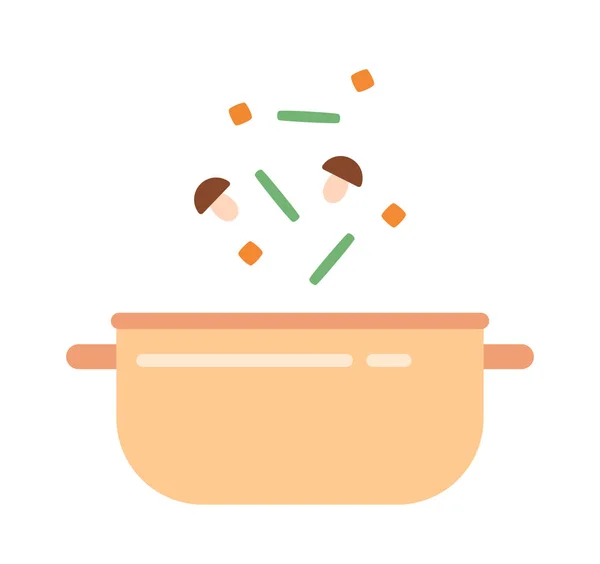 将蔬菜加入锅中 加入半扁平的色素载体 切碎新鲜蘑菇作为汤 烹调过程 可编辑的卡通画剪贴画的白色背景图标 用于网页平面设计的简单点画 — 图库矢量图片