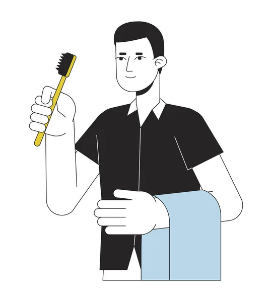 Homem Segurar Escova Dentes Linha Plana Personagem Vetor Cor Esboço — Vetor de Stock
