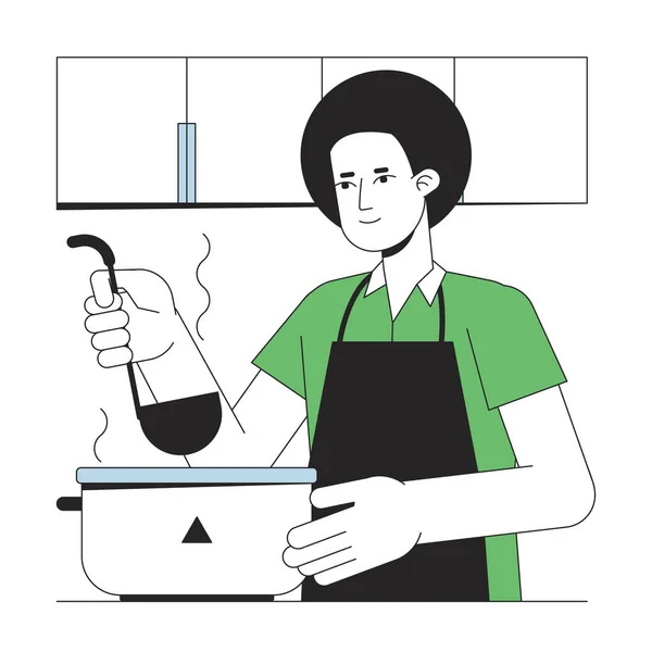 Young Man Cooking Soup Flat Line Concept Vector Spot Illustration — Stock Vector