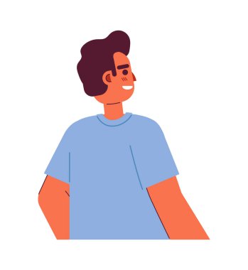 Parlak gülüşlü, yarı düz renkli vektör karakterli neşeli Hintli adam. Hintli adam. Tatmin edici bir ruh hali. Beyazın üzerinde düzenlenebilir yarı vücut insan. Web grafik tasarımı için basit karikatür nokta çizimi