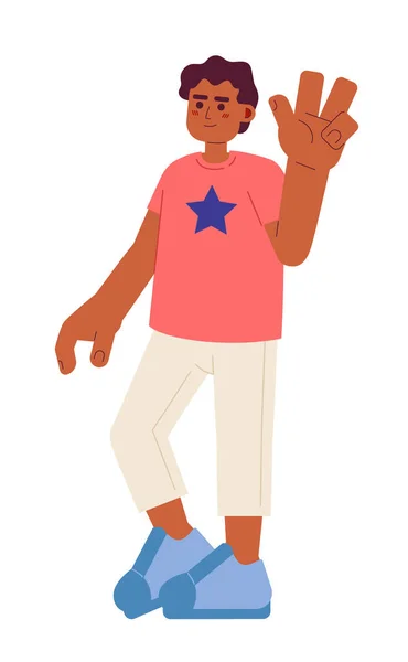 非洲裔美国男孩 手指呈半扁平的彩色矢量特征 十几岁的男孩笑得很开心 可编辑的全身白种人 用于网页平面设计的简单卡通画 — 图库矢量图片