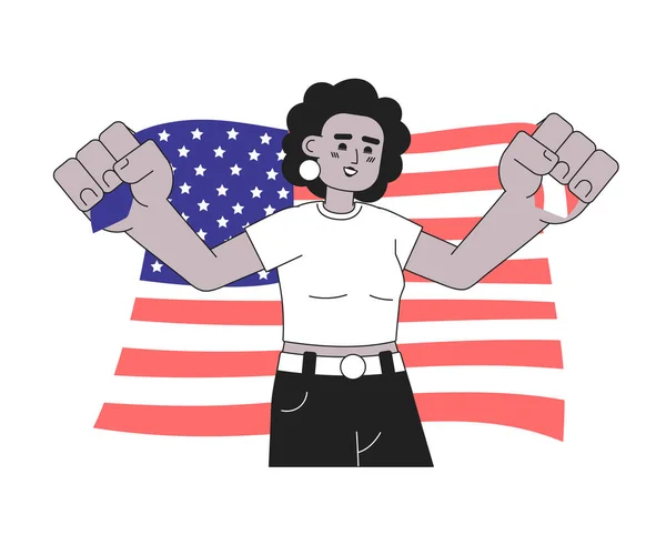 Amerikan Bayrağını Tutan Afro Amerikalı Kadın Tek Renkli Düz Vektör — Stok Vektör