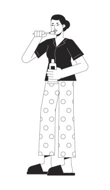 Her gün düz çizgi siyah beyaz vektör karakteri. Beyaz dişlerini fırçalayan tüm vücut hatları düzenlenebilir. Kişisel bakım basit çizgi film web grafik tasarımı için izole nokta çizimi