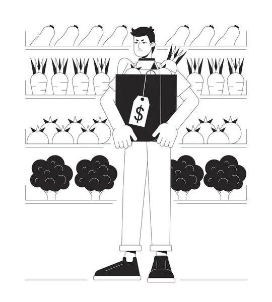Unglücklicher Mann Supermarkt Konzept Vektor Spot Illustration Mann Halten Paket — Stockvektor