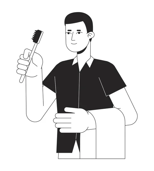 Homem Segurar Escova Dentes Linha Plana Caráter Vetor Branco Preto — Vetor de Stock