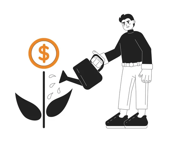 人工浇灌金钱植物2D载体单色分离点画 商人是在白底平手画图的投资长大的 多彩的可编辑的漫画场景 — 图库矢量图片