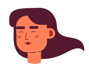 Mutlu, uzun saçlı, beyaz kadın yarı düz vektör karakter başı. Düzenlenebilir karikatür avatar simgesi. - Kadın girişimci mi? Duygularınla yüzleş. Web grafik tasarımı ve animasyonu için renkli nokta çizimi