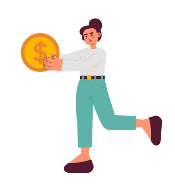 Para tasarrufu yarı düz renkli vektör karakteri. Düzenlenebilir tüm vücudu olan genç bir kadın altın sikkeyi beyazın üzerinde tutuyor. Web grafik tasarımı için basit karikatür nokta çizimi
