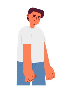 Kafkasyalı üzgün genç adam yarı düz renkli vektör karakter. Düzenlenebilir, mutsuz girişimci beyazı. Web grafik tasarımı için basit karikatür nokta çizimi