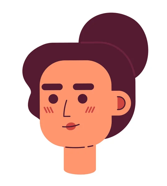 有兴趣的年轻女子半平面字符头 可编辑的卡通人物图标 具有束发风格的女企业家 面对情绪 网页平面设计 动画的彩色图片 — 图库矢量图片