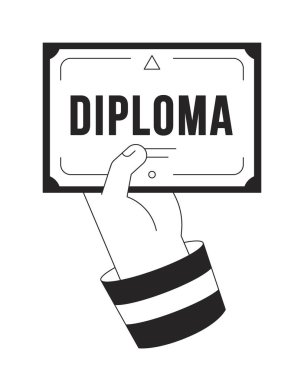 Diploma belgesi elinde, düz çizgi rengi izole vektör nesnesi. Üniversite sertifikası. Beyaz arkaplanda düzenlenebilir resim. Web tasarımı için basit ana hatlı karikatür nokta çizimi