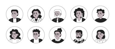 Afroamerikan insanlarının çeşitliliği tek renkli düz çizgisel karakter kafaları. Düzenlenebilir taslak insan simgeleri. Hat kullanıcıları. Animasyon için 2B karikatür nokta vektör çizim paketi