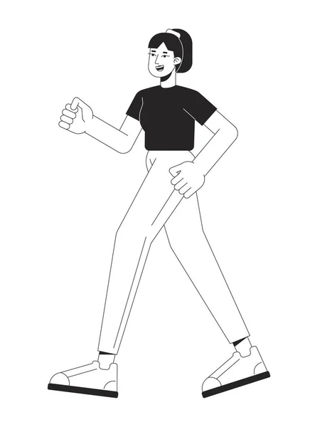 活跃的女孩跑平直线黑色白色矢量字符 可编辑的体操馆全身上下女人的轮廓 用于网页平面设计的活跃性简单的卡通孤立点画 — 图库矢量图片
