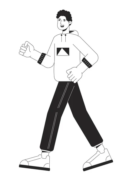 Happy Man Walking Flat Line Black White Vector Character Upravitelný — Stockový vektor