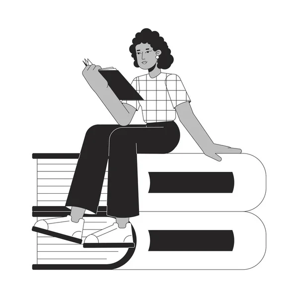 かわいいアフリカ系アメリカ人の女の子の本を読んでBwの概念ベクトルスポットイラスト 忙しい学生2D漫画フラットラインウェブUiデザインイメージのためのモノクロ文字 — ストックベクタ