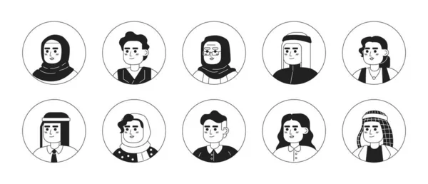 Arabe Personnes Multiculturelles Monochrome Plat Têtes Caractère Linéaires Ensemble Peuple — Image vectorielle