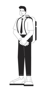 Okul üniformalı genç çocuk düz çizgi siyah beyaz vektör karakteri. Düzenlenebilir tüm vücut, genç beyaz çocuk. Eğitim karakteri basit karikatür web grafik tasarımı için izole nokta çizimi