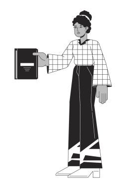 Çekici Afrikalı Amerikalı kız düz çizgi siyah beyaz vektör karakterini alıyor. Düzenlenebilir tüm beden eğitimi karakteri. Web grafik tasarımı için basit karikatür izole nokta çizimi