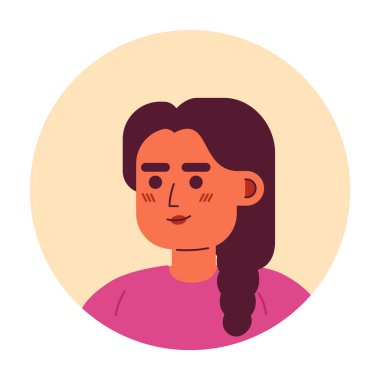 Genç Hintli kadın yarı düz vektör karakter başı. Düzenlenebilir karikatür avatar simgesi. Saçları örgülü esmer bir kadın. Duygularınla yüzleş. Web grafik tasarımı ve animasyonu için renkli nokta çizimi
