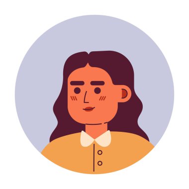 Kıvırcık saçlı, yarı düz bir karakter kafası olan güzel bir genç kadın. Beyaz yakalı gömlek. Düzenlenebilir karikatür avatar simgesi. Duygularınla yüzleş. Web grafik tasarımı ve animasyonu için renkli nokta çizimi