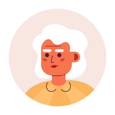 Yaşlı İspanyol kadın yarı düz vektör karakter başı. Kıvırcık gümüş saçlar ve kaşlar. Düzenlenebilir karikatür avatar simgesi. Duygularınla yüzleş. Web grafik tasarımı ve animasyonu için renkli nokta çizimi