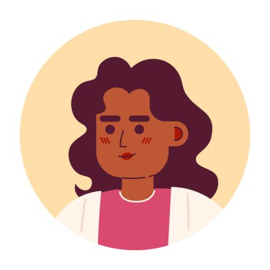 Uzun, esmer, yarı düz, yarı düz, karakter kafalı neşeli Afro-Amerikan kadın. Düzenlenebilir karikatür avatar simgesi. Duygularınla yüzleş. Web grafik tasarımı ve animasyonu için renkli nokta çizimi