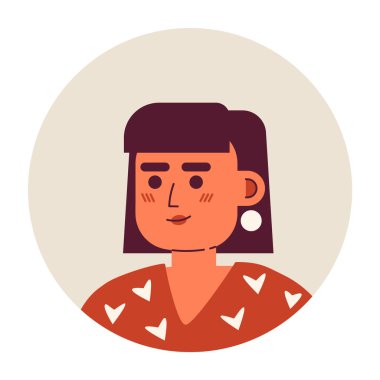 Oldukça modaya uygun beyaz kadın yarı düz vektör karakter kafası. Kaküllü Bob saç kesimi. Düzenlenebilir karikatür avatar simgesi. Duygularınla yüzleş. Web grafik tasarımı ve animasyonu için renkli nokta çizimi