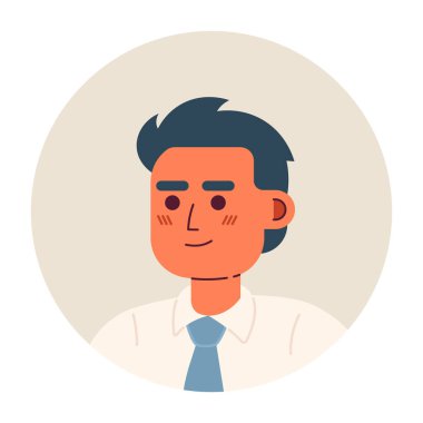 Kendine güveni tam, beyaz bir adam yarı düz bir karakter başı. Ofis çalışanı. Düzenlenebilir karikatür avatar simgesi. Duygularınla yüzleş. Web grafik tasarımı ve animasyonu için renkli nokta çizimi