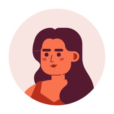 Kurnaz görünümlü İspanyol kadın yarı düz vektör karakter kafası. Moda kıvırcık saç stili. Düzenlenebilir karikatür avatar simgesi. Duygularınla yüzleş. Web grafik tasarımı ve animasyonu için renkli nokta çizimi