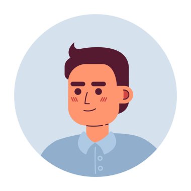 Kısa saçlı neşeli Asyalı çocuk yarı düz vektör karakter kafası. Düzenlenebilir karikatür avatar simgesi. Duygularınla yüzleş. Web grafik tasarımı ve animasyonu için renkli nokta çizimi