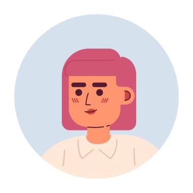 Pembe saçlı, kısa saçlı, yarı düz vektör kafalı güzel bir kadın. Düzenlenebilir karikatür avatar simgesi. Duygularınla yüzleş. Web grafik tasarımı ve animasyonu için renkli nokta çizimi