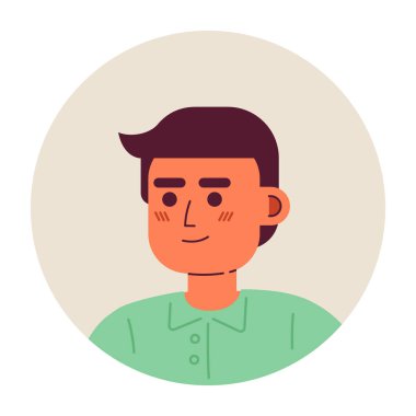 Kafkasyalı genç adam yarı düz vektör karakter başı. Düzenlenebilir karikatür avatar simgesi. Mutlu esmer çocuk. Duygularınla yüzleş. Web grafik tasarımı ve animasyonu için renkli nokta çizimi