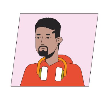 Kulaklıkları düz renkli Avatar ikonu olan genç bir adam. Sakallı adam 2D düzenlenebilir kullanıcı portresi doğrusal çizim. İzole edilmiş vektör yüz profili clipart. Userpic, kişi başı ve omuzları