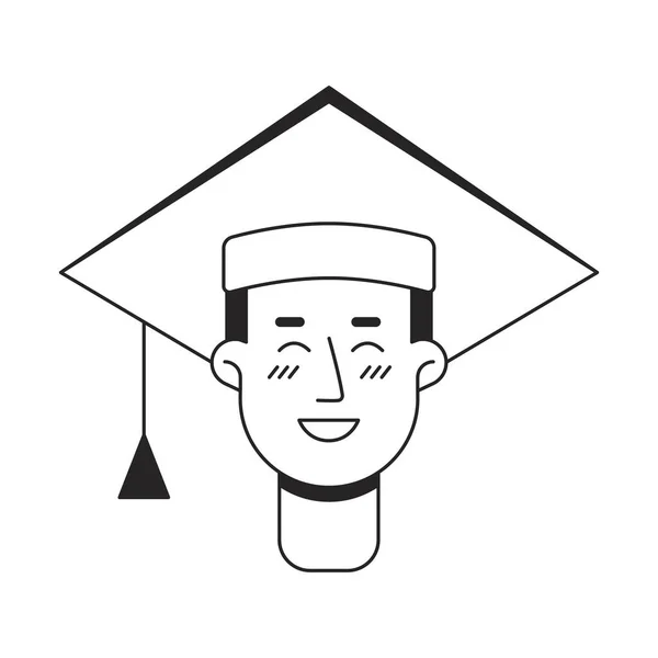 Szczęśliwy Student Kaukaski Akademickiej Czapce Monochromatyczny Płaski Liniowy Charakter Głowy — Wektor stockowy