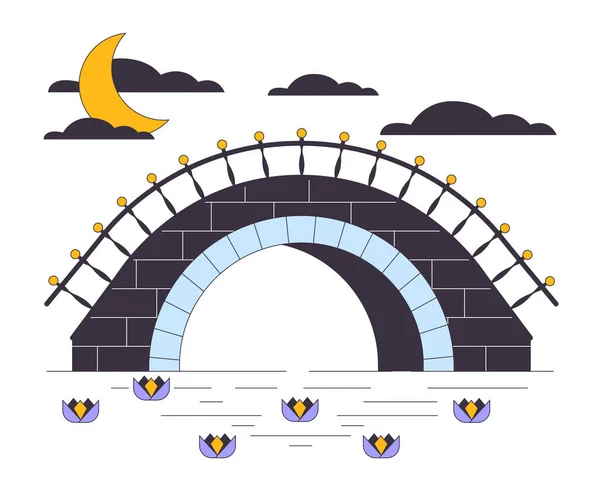 川平線の概念ベクトルスポットイラストの下の石の橋 月明かりの夜の風景ウェブUiデザインのための白の2D漫画のアウトラインオブジェクト 編集可能な隔離されたカラフルなヒーローイメージ — ストックベクタ