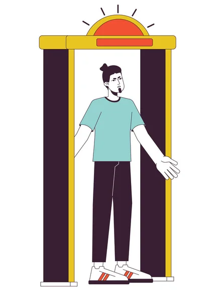 金属探测器在机场平行线矢量点图处启动 愤怒的男子站在安全门2D卡通人物白色为网页用户界面的设计 可编辑的孤立的彩色英雄形象 — 图库矢量图片
