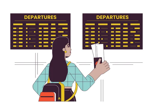 Départ Aéroport Illustration Vectorielle Ligne Plate Étudiante Aéroport Voyageuse Personnage — Image vectorielle