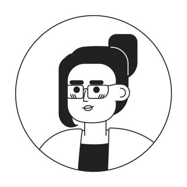 Gözlüklü, tek renkli düz doğrusal karakter kafası olan Avrupalı bir kadın. Bun saç stili esmer. Düzenlenebilir el çizimi insan yüzü simgesi. Animasyon için 2B karikatür nokta vektör çizimi çizimi