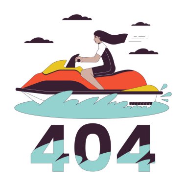Jet ski sürme hatası 404 flaş mesaj. Su motosikletli mayo Arap kız. Su sporu. Boş hali ui tasarımı. Sayfa açılır çizgi film resmi bulunamadı. Beyaz arkaplanda vektör düz illüstrasyon kavramı