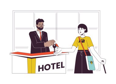Otel resepsiyonunda düz çizgi vektör çizimi var. Kapıcı kadın otel misafirine anahtarı veriyor. 2D çizgi film ana hatlarıyla ilgili karakterler web UI tasarımı için. Düzenlenebilir renkli kahraman imajı