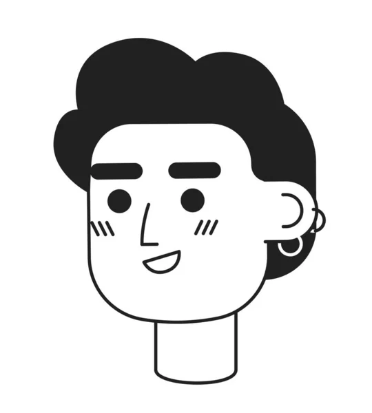 Curly Haired Man Earrings Monochrome Flat Linear Character Head Editable — Stock Vector