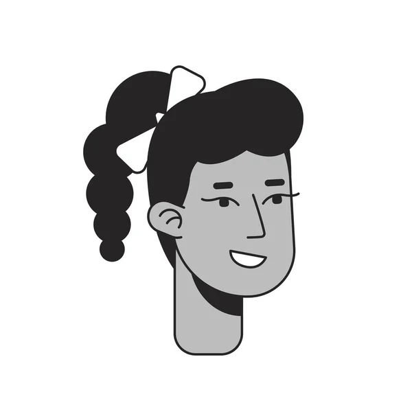 快乐的非洲裔美国女学生单色扁平线头 带马尾辫的女孩可编辑的轮廓手绘人脸图标 用于动画的2D卡通点矢量动画插图 — 图库矢量图片