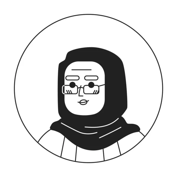 Mujer Árabe Mayor Cabeza Carácter Lineal Plana Monocroma Hijab Serious — Vector de stock