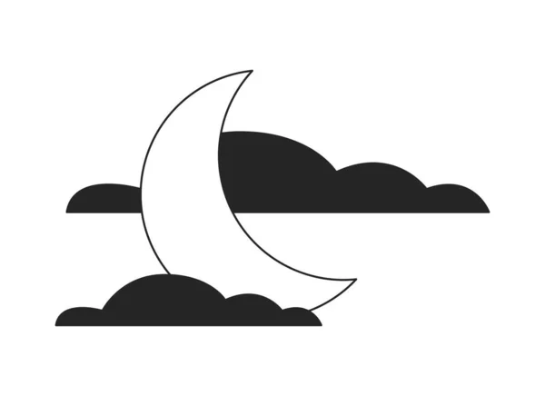 Moonlit Noite Plana Monocromático Objeto Vetorial Isolado Crescente Coberto Por — Vetor de Stock