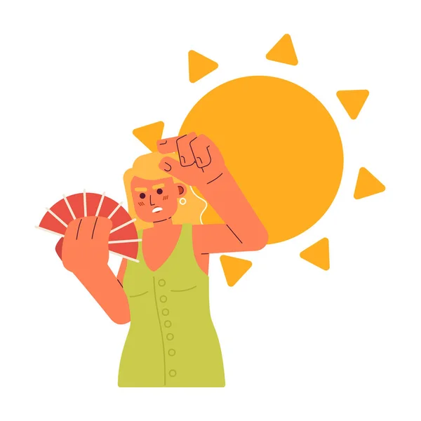 日当たりの良い夏の枯渇フラットコンセプトベクトルスポットイラスト ヨーロッパの女性は ウェブUiデザインのための白の手のファンの2D漫画の文字で冷却します 独立した編集可能な創造的なヒーローイメージ — ストックベクタ